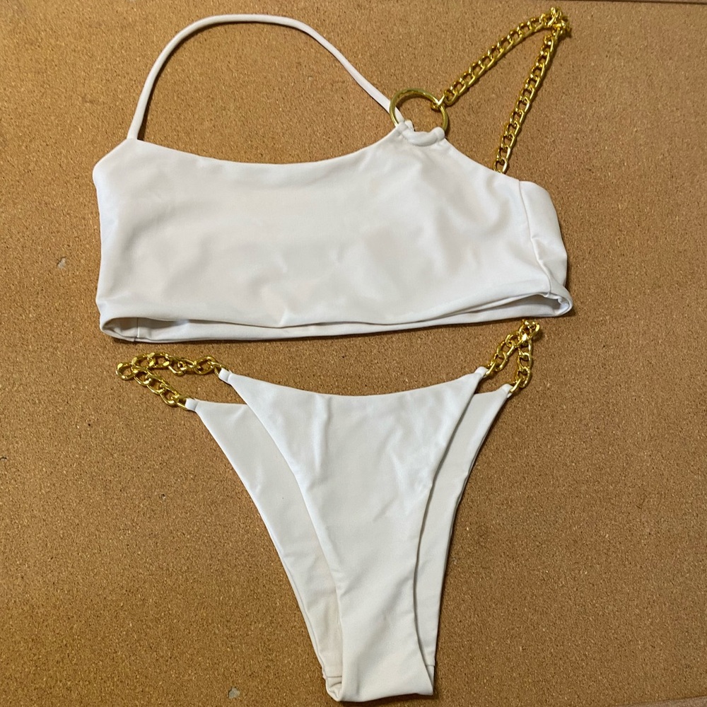 NEW Sage Swim Gold Chain Detail One Shoulder Cheeky Bikini